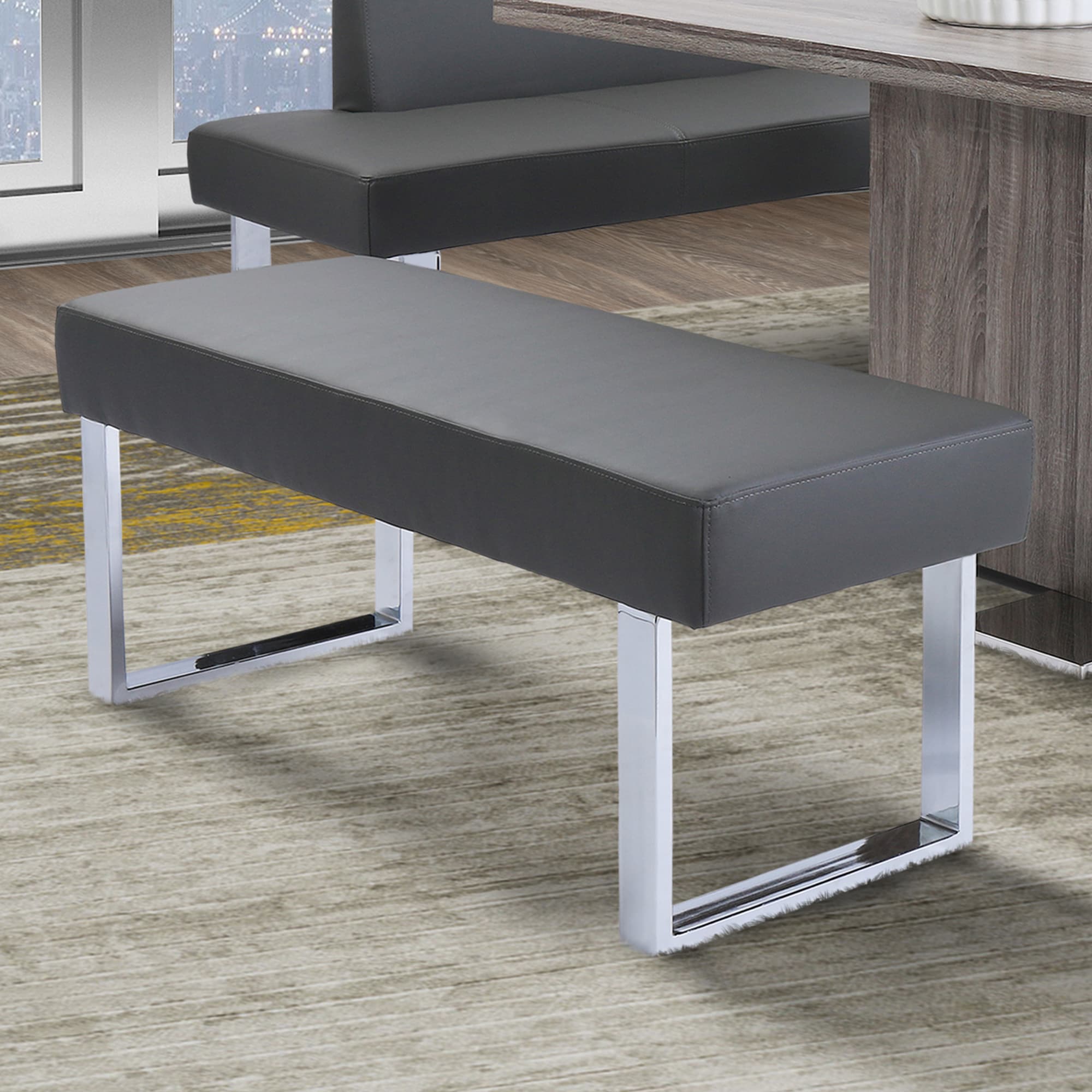 grey leather dining bench