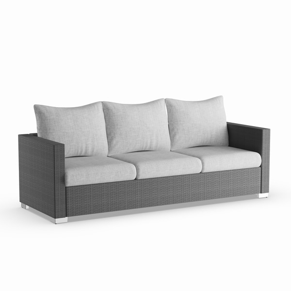 Havenside Home Stillwater Grey Rattan And Aluminum Outdoor Sofa Havenside Home Stillwater Grey Rattan And Aluminum Outdoor Sofa With Taupe Cushions