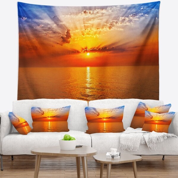 Designart 'Orange Sea Sunrise under Blue Sky' Seashore Wall Tapestry