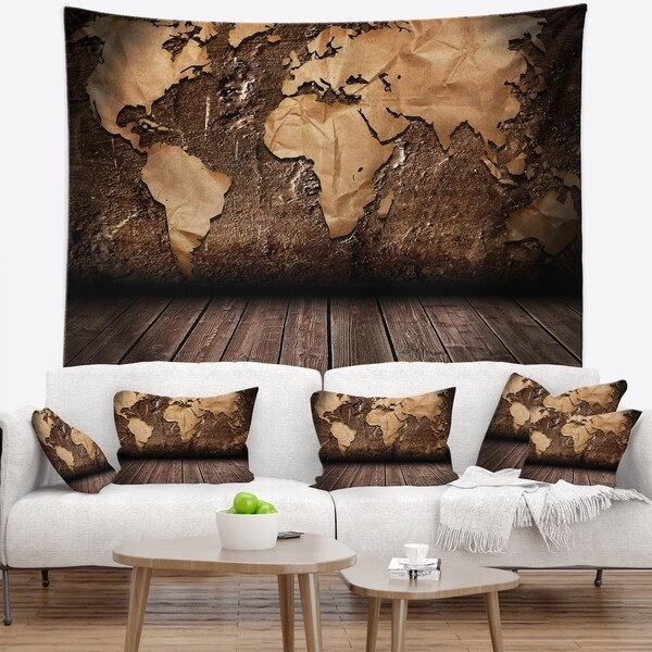 Designart 'Vintage Map with Wooden Floor' Contemporary Wall Tapestry