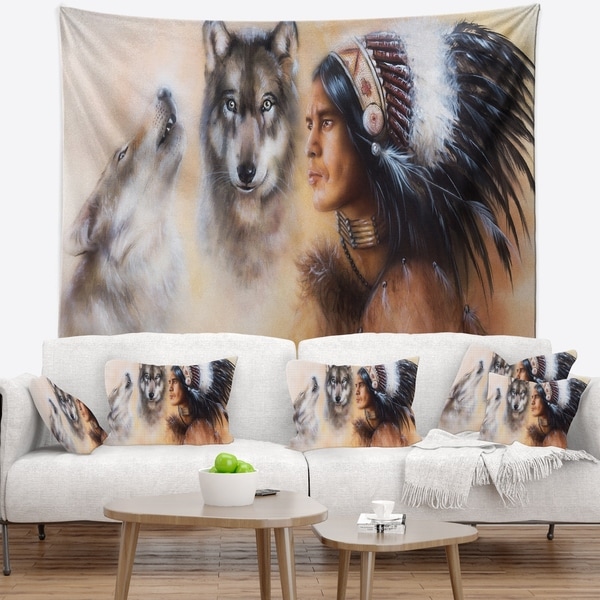 Designart 'Indian Warrior with Two Wolves' Animal Wall Tapestry