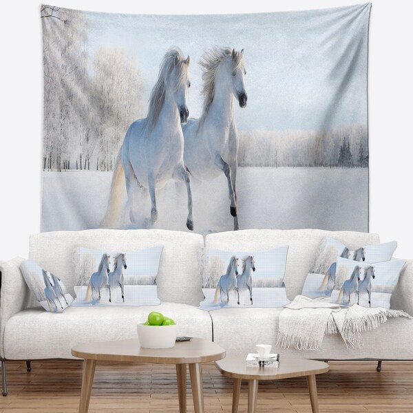 Designart 'Two Galloping White Ponies' Animal Photo Wall Tapestry