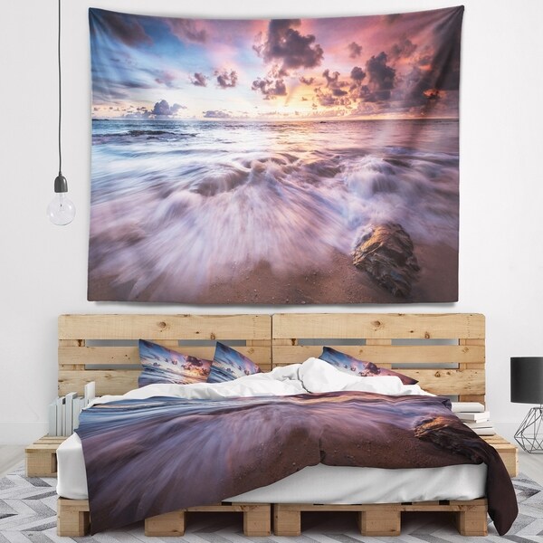 Designart 'Beautiful Sea Waves At Sunset' Beach Photo Wall Tapestry