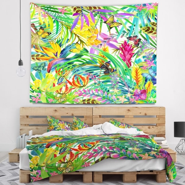 Designart 'Tropical Leaves and Flowers' Floral Wall Tapestry