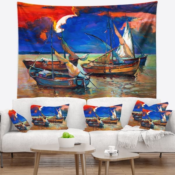Designart 'Fishing Boats Under Blue Sky' Seascape Wall Tapestry - Bed Bath  & Beyond - 20885716