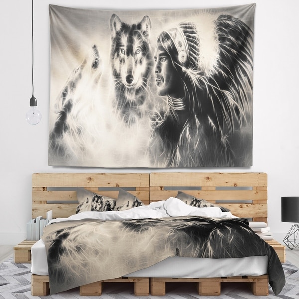Designart 'Indian Warrior with Wolves' Abstract Wall Tapestry