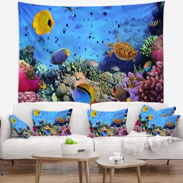 Designart 'Coral Colony and Coral Fishes' Seascape Wall Tapestry