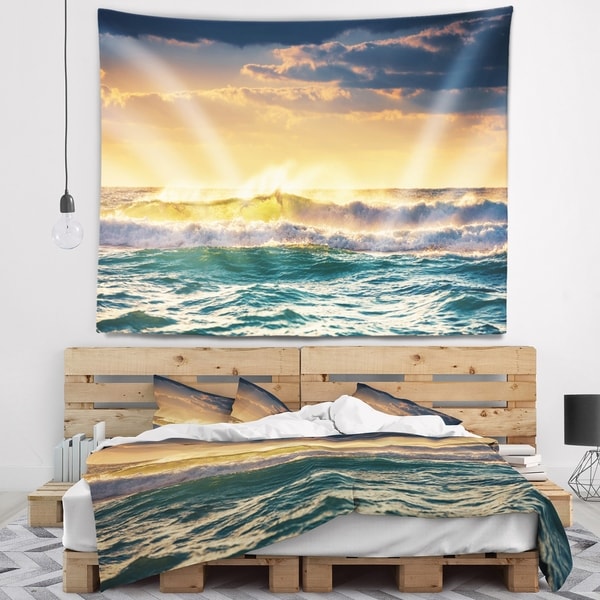 Designart 'Sunrise and Shining Waves in Ocean' Seascape Wall Tapestry