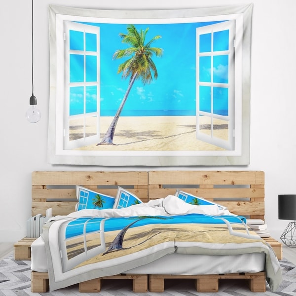 Designart 'Open Window to Beach with Palm' Seashore Wall Tapestry