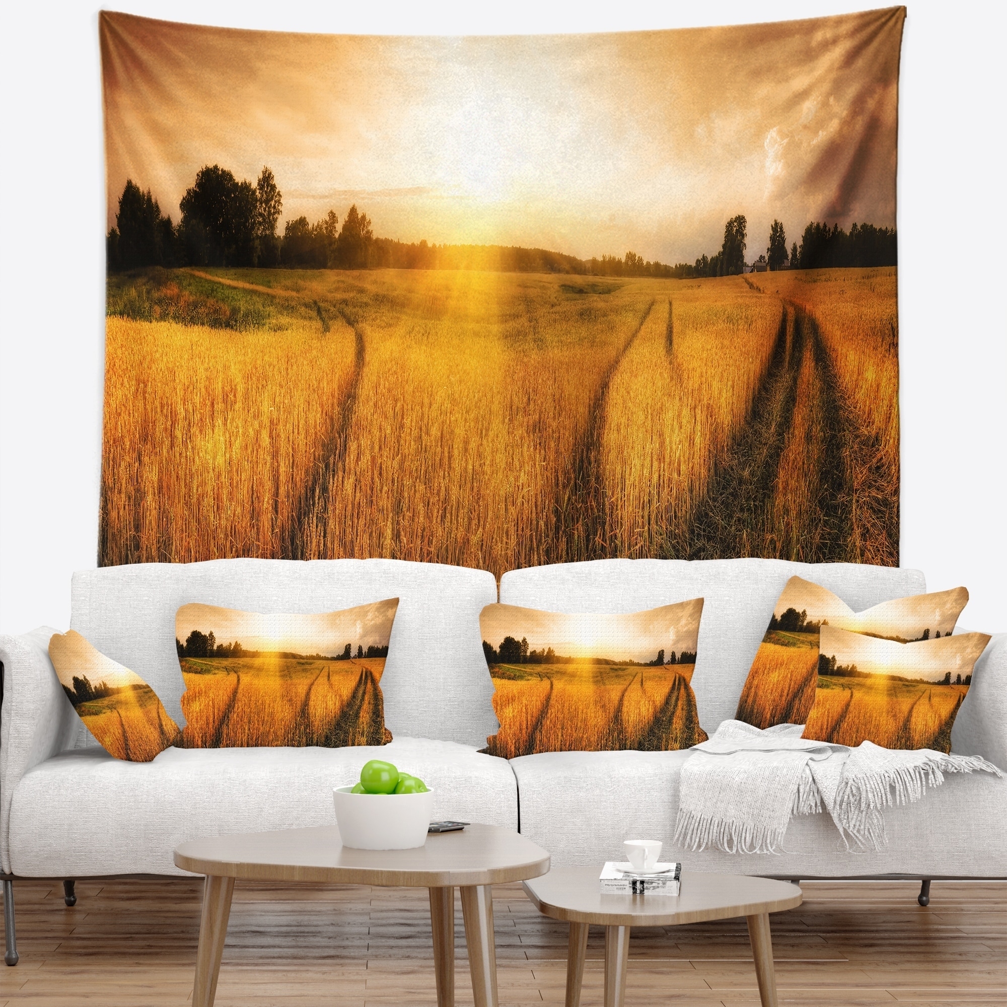 Designart Wheat Field At Sunset Panorama Photography Wall Tapestry Overstock 20885914