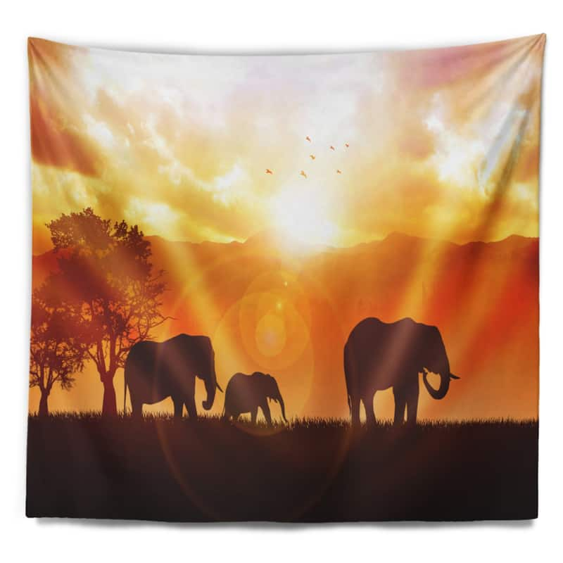 Designart 'elephants Walking At Sunset' African Wall Tapestry - Bed 