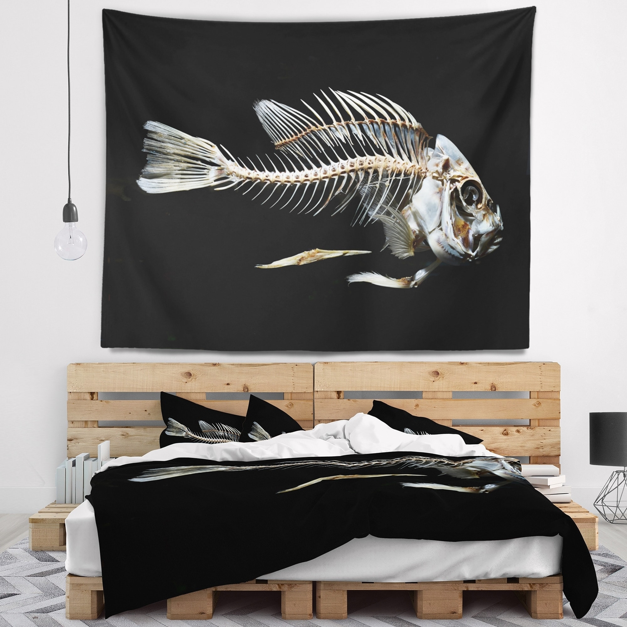 Designart 'Fish Skeleton Bone on Black' Animal Wall Tapestry - Bed