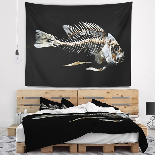 Designart 'Fish Skeleton Bone on Black' Animal Wall Tapestry