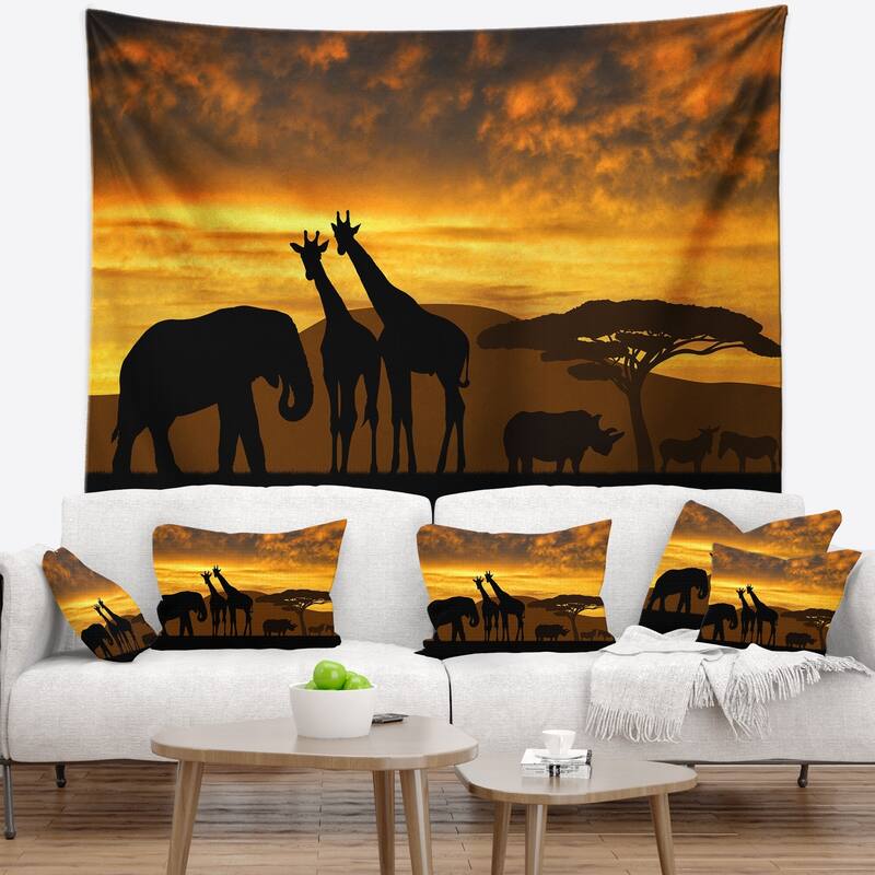 Designart 'Giraffes and Elephant and Rhino' African Wall Tapestry - Bed ...