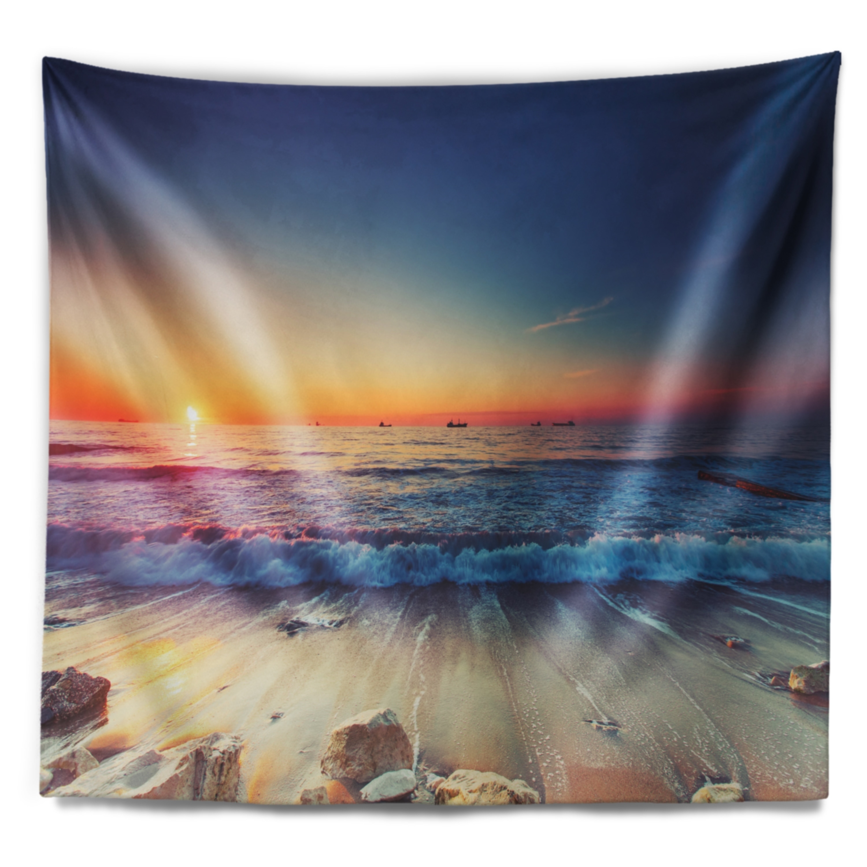 Designart 'Beautiful Sunrise Over Blue Sea' Seashore Wall Tapestry ...