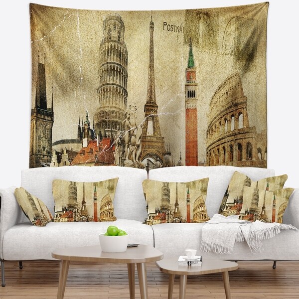 Designart 'Vintage Postal Card' Contemporary Wall Tapestry