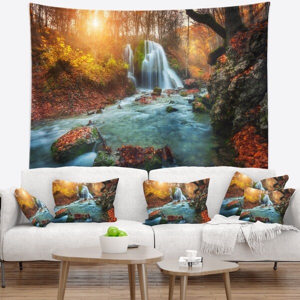 Designart 'Fast Flowing Fall River in Forest' Landscape Photography Wall Tapestry