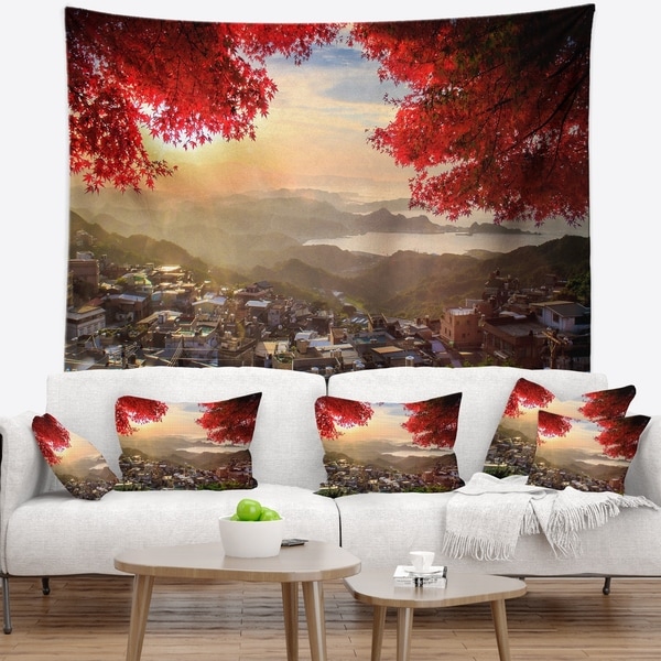 Designart 'Taiwan Township with Red Trees' Landscape Wall Tapestry