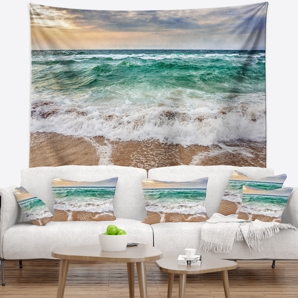 Designart 'Crystal Clear Blue Foaming Waves' Seascape Wall Tapestry