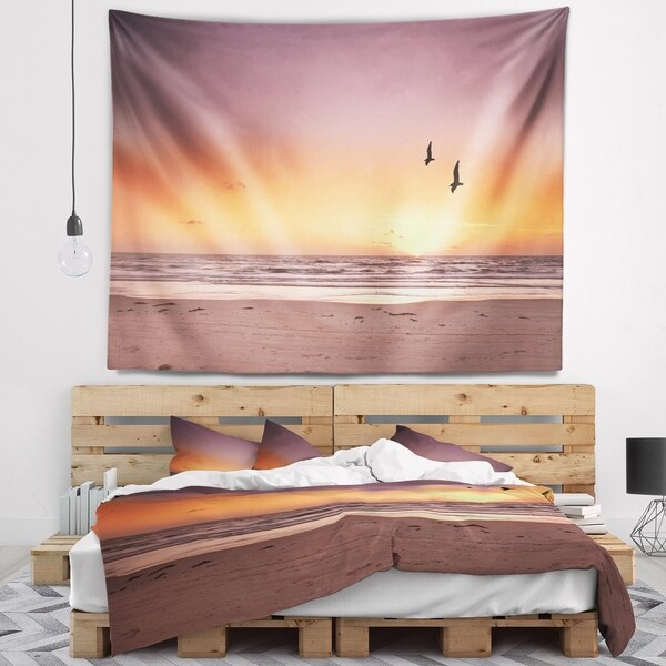 Designart 'Beach Sunset and Sea Gulls' Modern Seashore Wall Tapestry