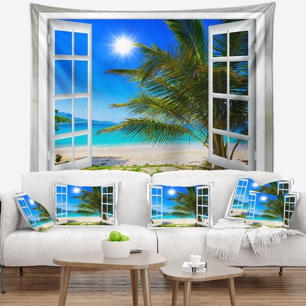 Designart Window Open to Beach with Palm Seashore Wall Tapestry