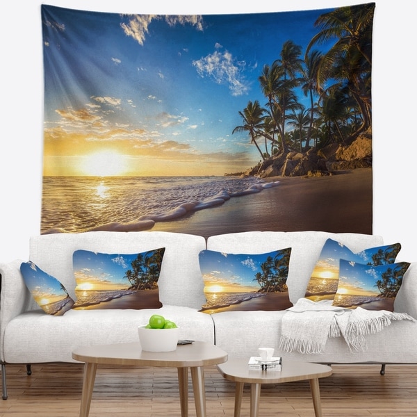 Designart 'Paradise Tropical Island Beach Sunrise' Seashore Wall Tapestry