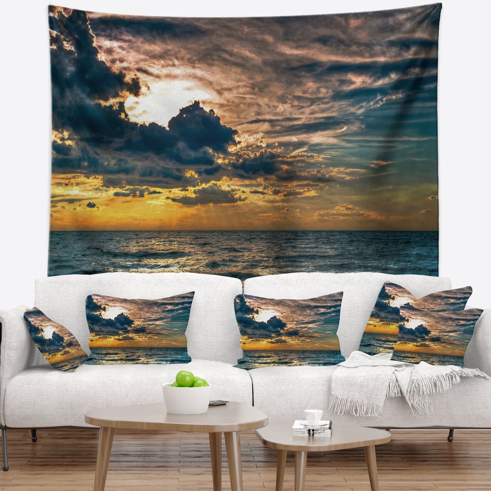 Designart Sun Break over Blue Ocean Seashore Wall Tapestry Bed