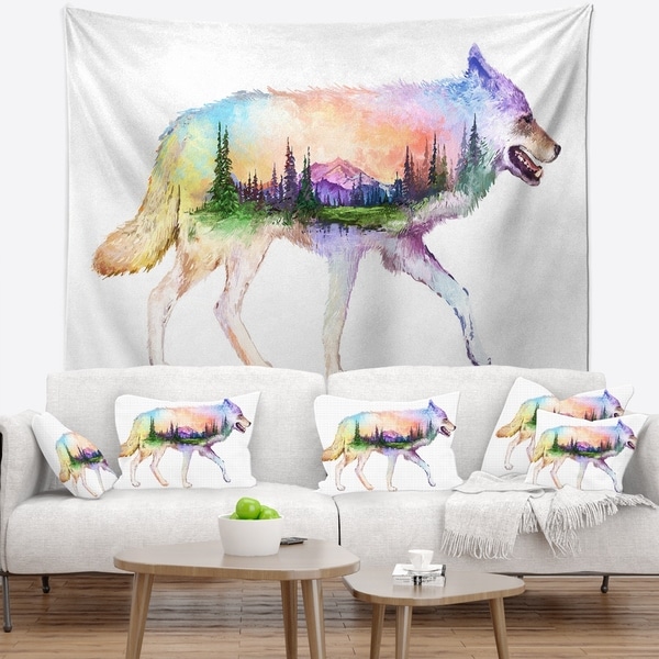 Designart 'Wolf Double Exposure Illustration' Animal Wall Tapestry