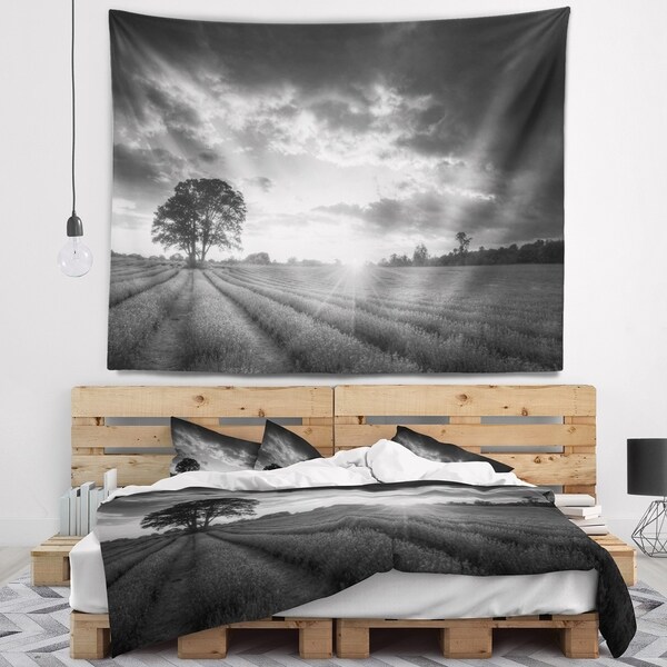 Designart 'Vibrant Black White Lavender Field' Landscape Wall Tapestry