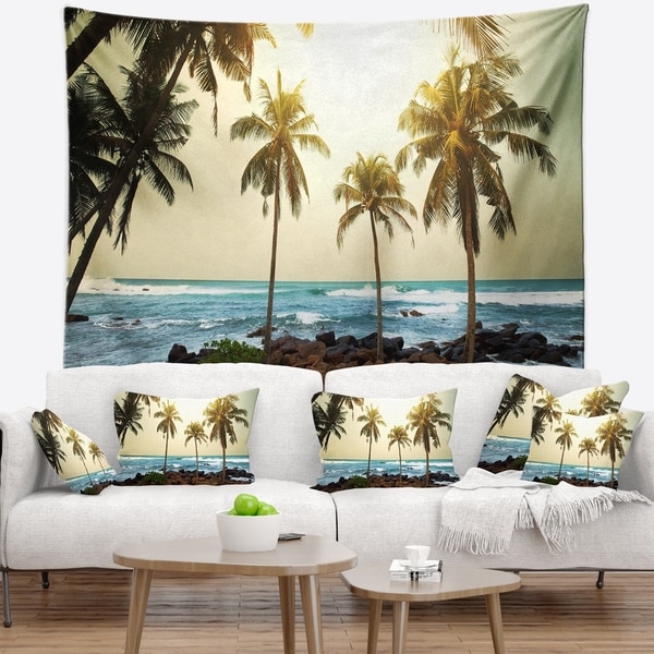 Designart 'Rocky Tropical Beach with Palms' Seashore Wall Tapestry