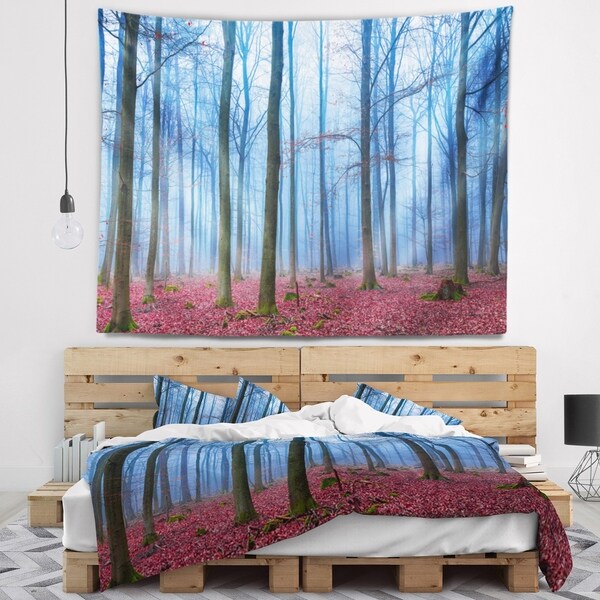 Designart 'Foggy Forest in Blue and Pink Photo' Modern Forest Wall Tapestry