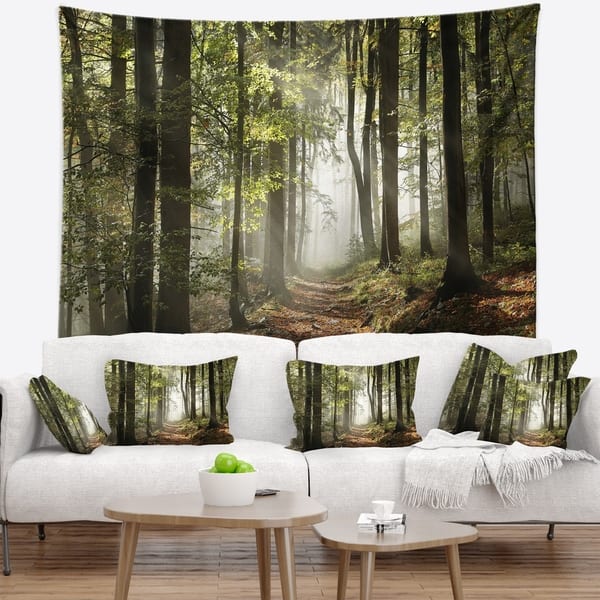 Designart 'Green Fall Forest with Sun Rays' Landscape Photography Wall ...