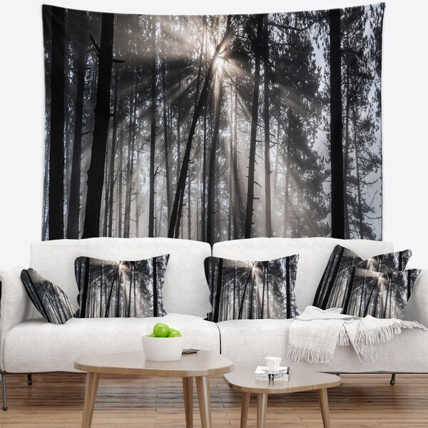 Designart 'Sunbeams through Black White Forest' Forest Wall Tapestry
