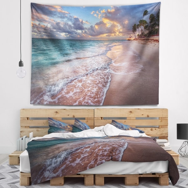 Designart 'Palm Trees on Clear Sandy Beach' Seashore Wall Tapestry