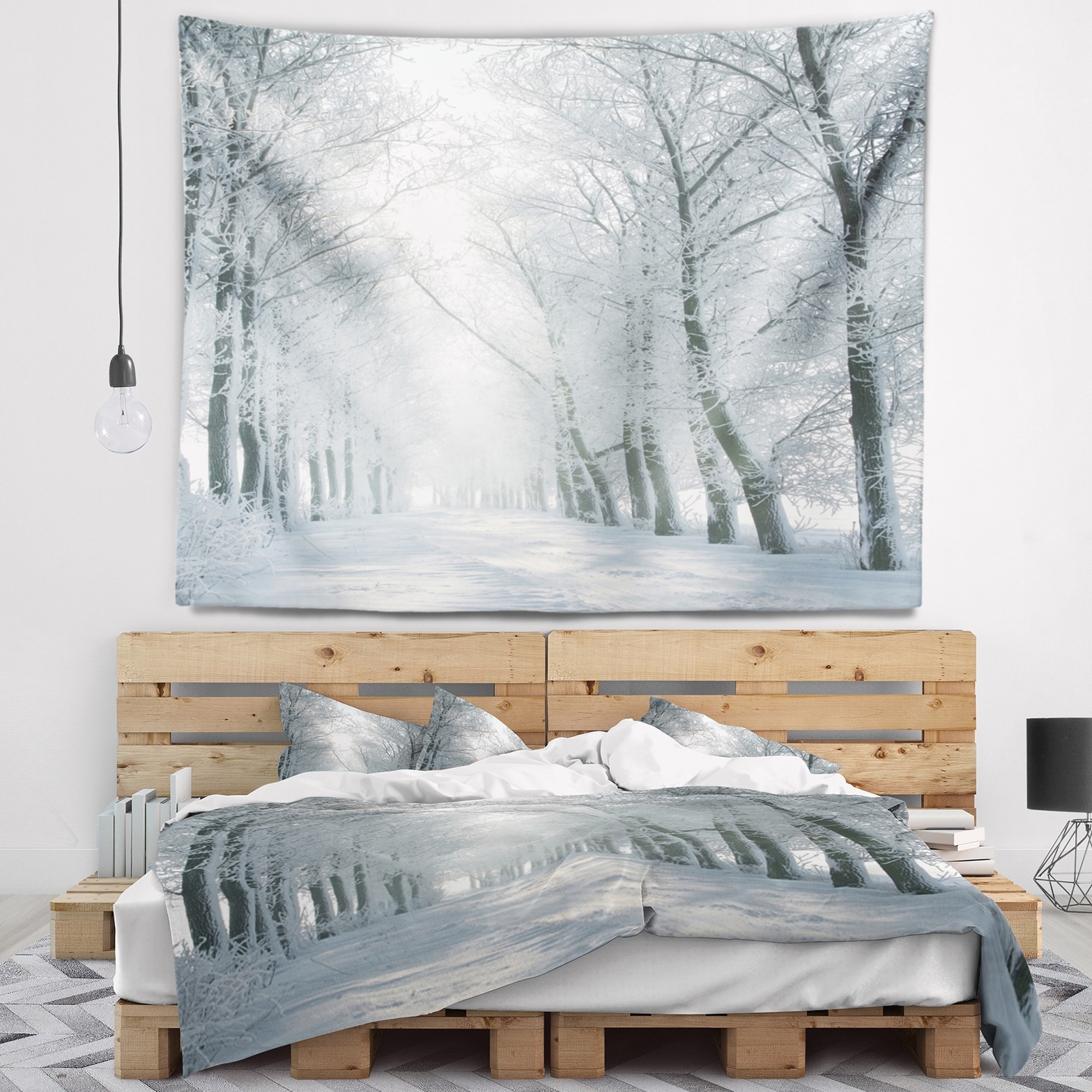 Designart Winter Road Backlit my Morning Sun Forest Wall Tapestry