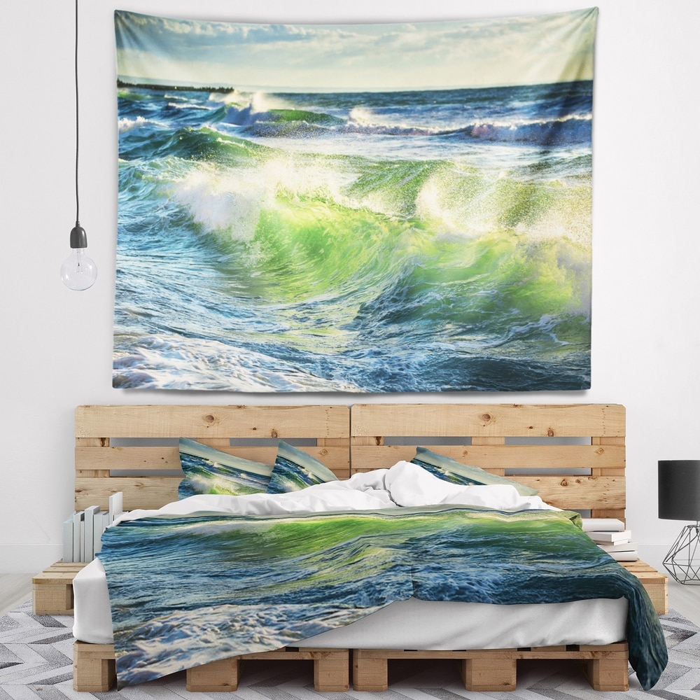 u0027Sunrise and Shining Waves in Oceanu0027 Beach Photo Wall Tapestry