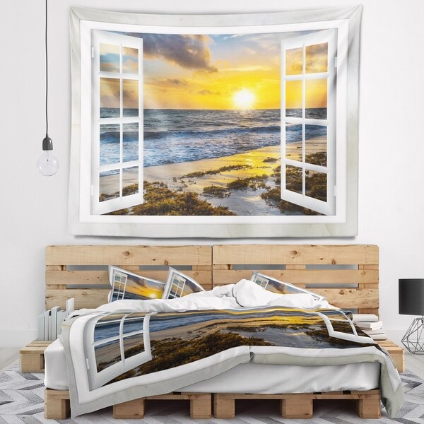 Designart 'Open Window to Bright Yellow Sunset' Modern Seascape Wall Tapestry