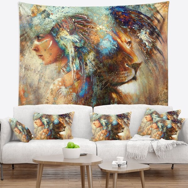 Designart 'Indian Woman Collage with Lion' Indian Wall Tapestry