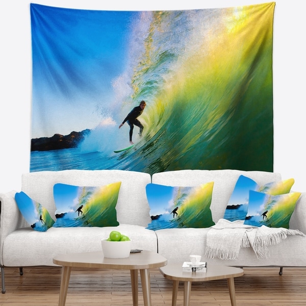 Designart 'Surfer Beating Green Waves' Photography Wall Tapestry