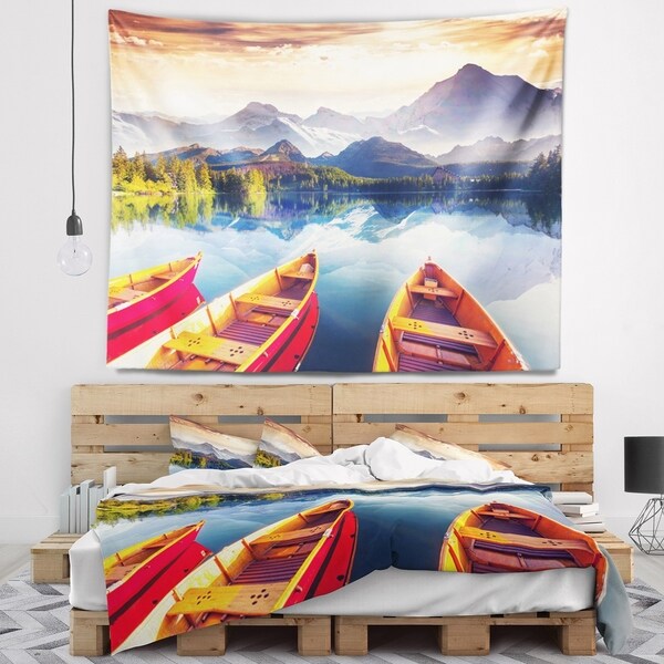 Designart 'Boats Heading to Lake' Landscape Wall Tapestry