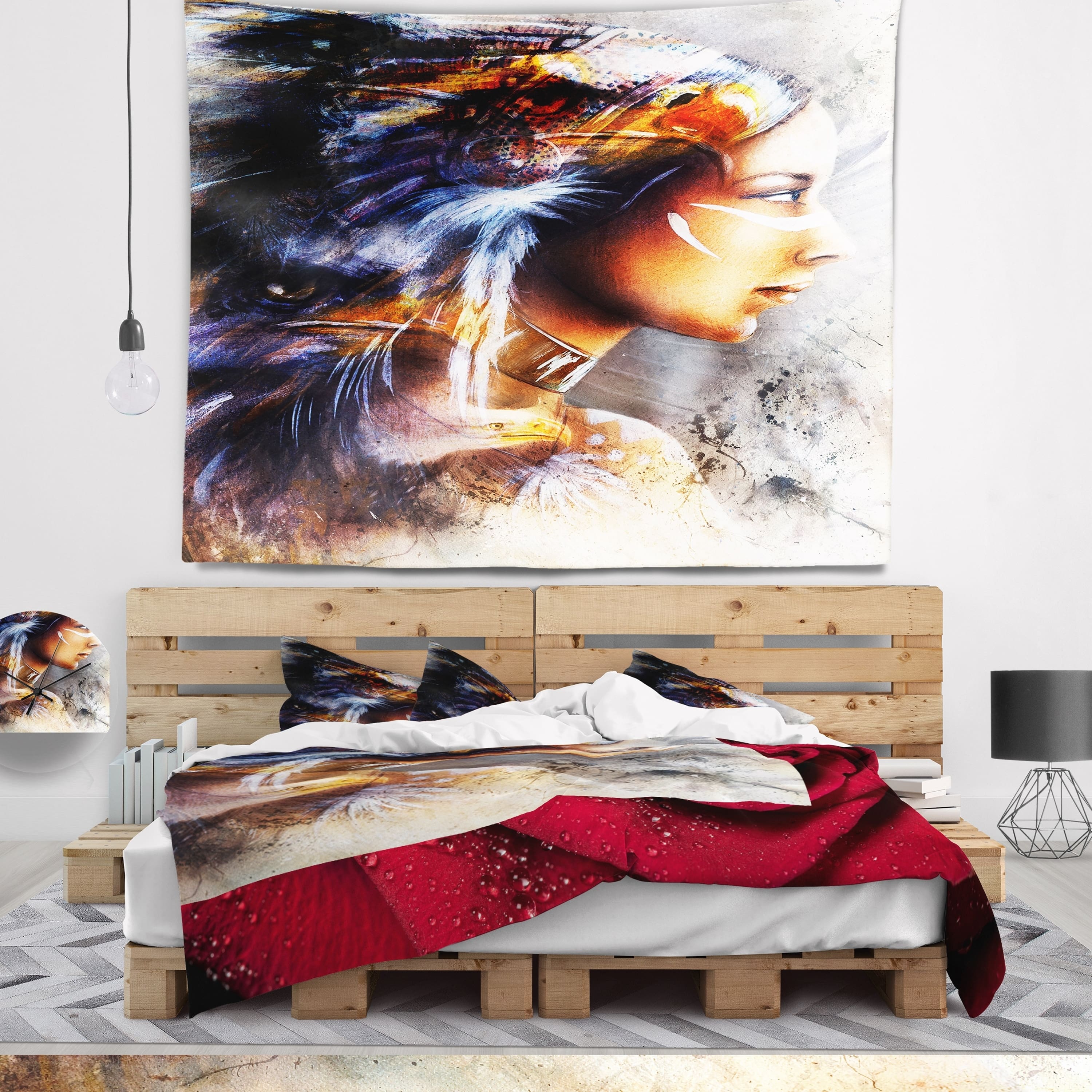 Designart 'woman With White Horse Eagles' Indian Wall Tapestry - Bed 