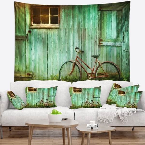 Designart 'Old Bicycle against Barn' Landscape Photo Wall Tapestry