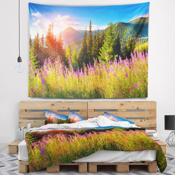 Designart 'Mountains with Pink Flowers' Floral Wall Tapestry
