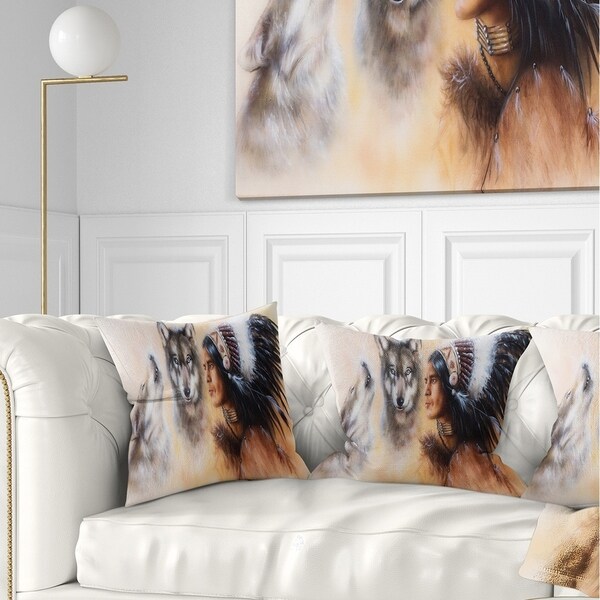 Designart 'Indian Warrior with Two Wolves' Animal Throw Pillow