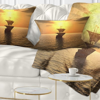Designart 'Ship and Sunset' Seascape Photography Throw Pillow