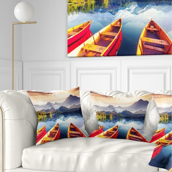 Designart 'Boats Heading to Lake' Landscape Printed Throw Pillow