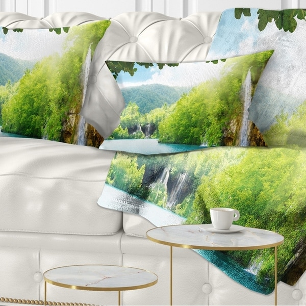 Designart 'Waterfall in Deep Forest' Landscape Photography Throw Pillow