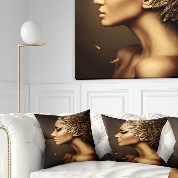 Designart 'Woman with Gold Feather Hat' Contemporary Throw Pillow