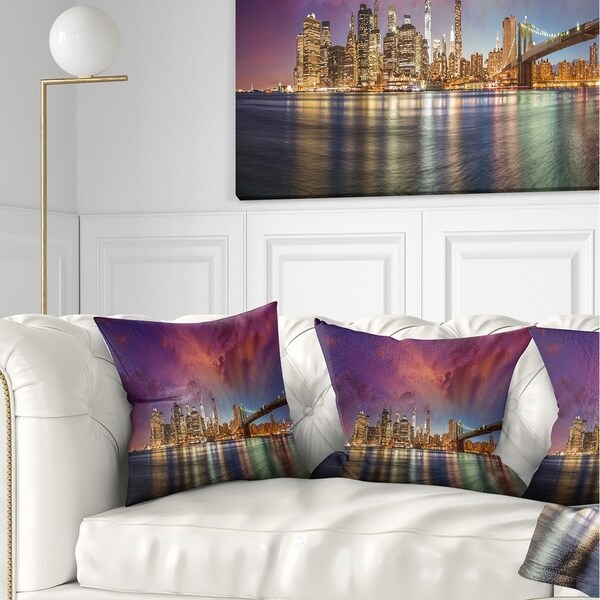 Designart 'New York City Manhattan Skyline Red' Cityscape Photo Throw Pillow