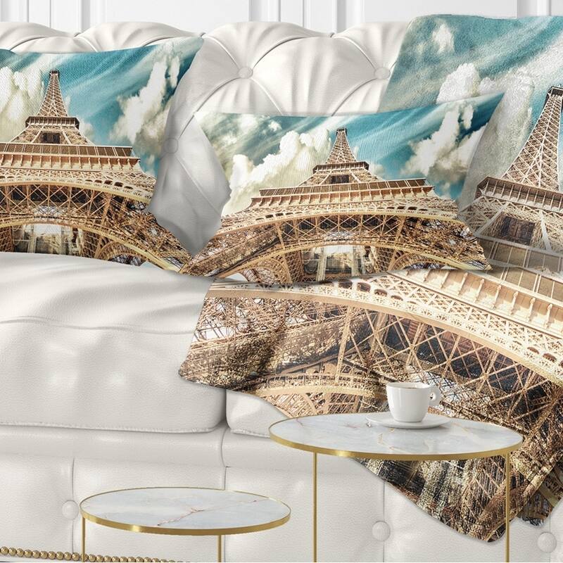 Designart 'Paris Eiffel TowerUnder Blue Sky' Photography Throw Pillow - Rectangle - 12 in. x 20 in. - Medium